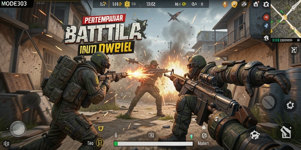 Tangkapan layar gameplay <strong>MODE303</strong> menampilkan aksi pertempuran yang epik dalam mode Battle Royale.