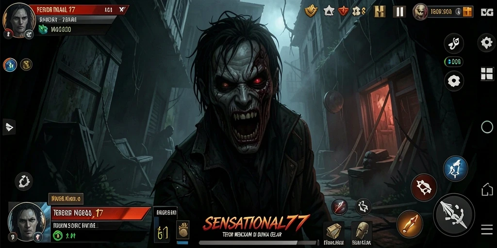 Screenshot gameplay SENSATIONAL77 menunjukkan suasana mencekam dan menyeramkan.